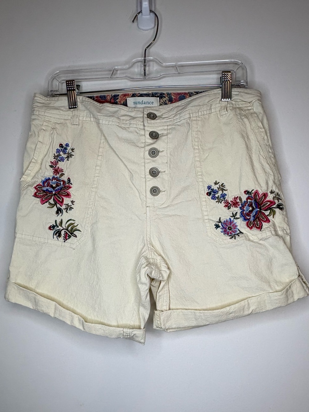 Sundance Cream Shorts with Multicolor Floral Embroidery Boho Size 10